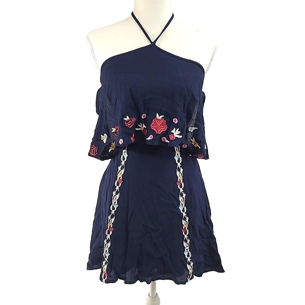 Chelsea & Violet Embroidered Halter Dress XS Boho Open‎ Side Back Blue Floral